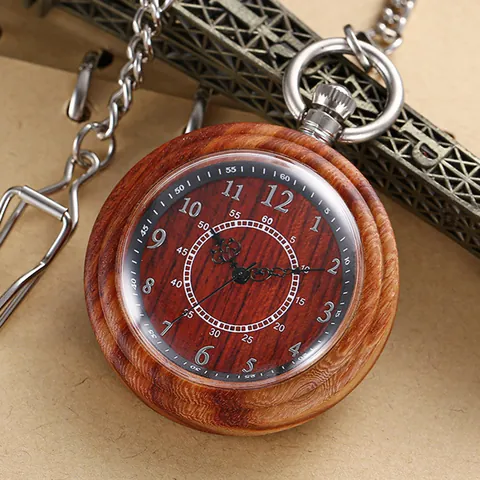 Vintage Kreativ Holz Taschenuhr Große Unisex Quarzuhr Mit Bronzekette Retro Antik Holzmaserung Zeitmesser Geschenk