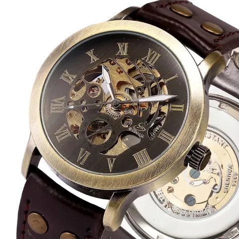 Reloj Mecánico Automático Shenhua para Hombre Vintage Bronce Esfera Esqueleto Correa de Cuero Remache Moda Casual Negocios