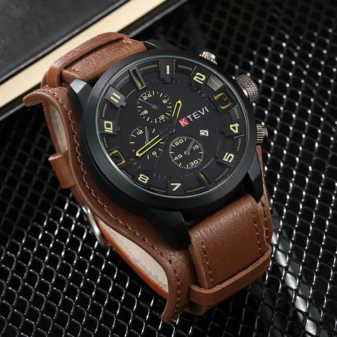 Men Large Dial Sport Watch Military Style Quartz Wristwatch Faux Leather Strap Alloy Case Casual Trendy Men Watch
