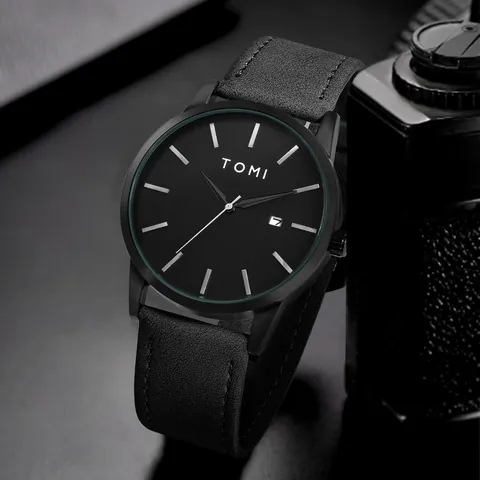 TOMI Coffret Cadeau Montre Minimaliste Pour Hommes Femmes Montre à Quartz Littéraire Avec Calendrier Bracelet en Cuir Boutons de Manchette Pince à Cravate