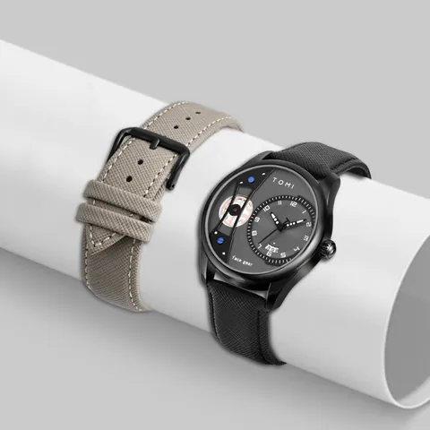 TOMI Herren Quarzuhr Mode Business Minimalistisch Rundes Legierung Gehäuse Lederarmband Zahnrad Dekor Geschenkbox Set