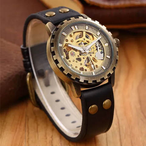 Men's Skeleton Automatic Mechanical Watch Bronze Gear Bezel Vintage Steampunk Business Wristwatch With Leather Rivet Strap