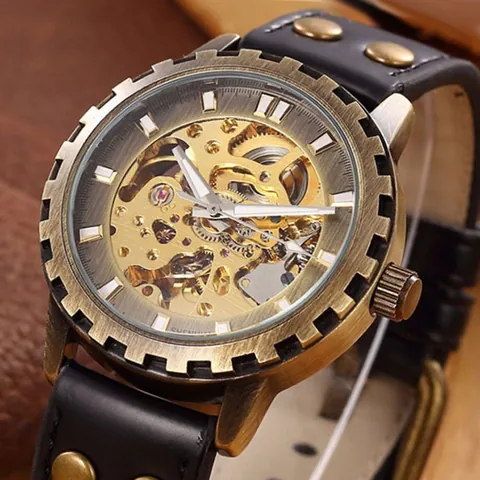 Men's Skeleton Automatic Mechanical Watch Bronze Gear Bezel Vintage Steampunk Business Wristwatch With Leather Rivet Strap