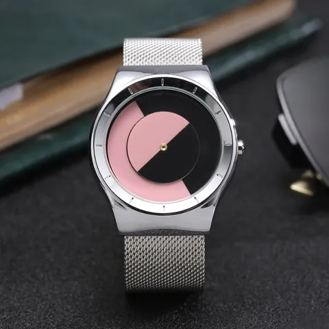 Minimalistische Neue Konzept Quarzuhr Wirbel-Drehscheibe Design Mode Legierung Gehäuse Mesh Leder Armband Uhr für Damen Herren