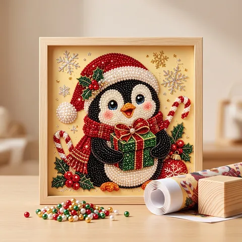 DIY Christmas Artificial Pearl Diamond Painting Art Kit with Wooden Frame Cartoon Reindeer Santa Claus Home Wall Decor Gift