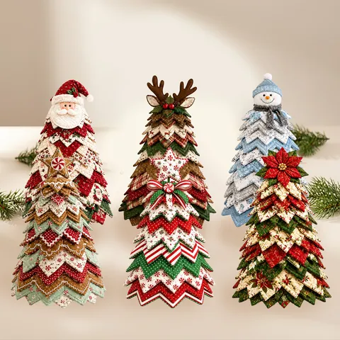 Kit Fai da Te Patchwork Albero di Natale 3D Ornamento da Tavolo in Tessuto di Poliestere Con Istruzioni per Decorazione Natalizia