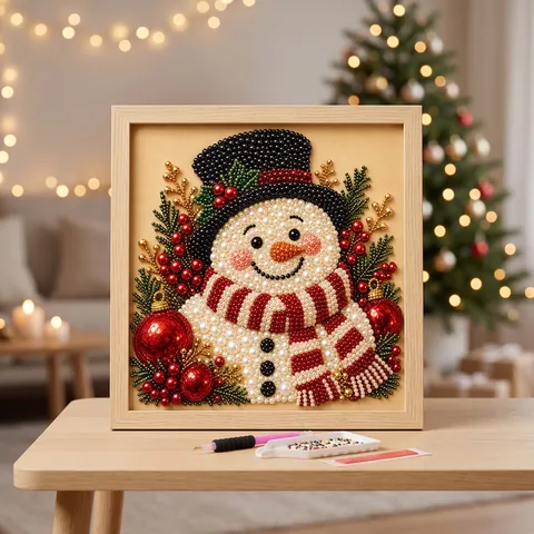 Kit de Pintura de Diamantes de Navidad DIY Muñeco de Nieve Regordete Marco de Madera Adorno de Strass 3D Artesanía Hogar
