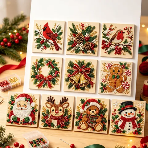 Kit de Pintura de Perlas de Navidad DIY Madera Acrílico Decoración 3D Papá Noel Muñeco de Nieve Reno Hecho a Mano