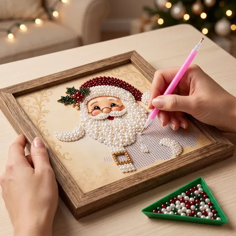 Kit de Arte de Pintura de Diamante de Perla de Papá Noel de Navidad DIY Con Marco de Madera Pintura de Strass Mosaico 3D para el Hogar