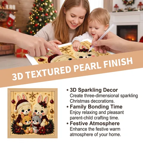 Christmas Pearl Diamond Painting DIY Art Kit 3D Animal Pattern Wooden Frame 20x20cm Handmade Home Decor Hanging Ornament Gift