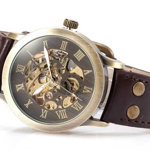 Reloj Mecánico Automático Shenhua para Hombre Vintage Bronce Esfera Esqueleto Correa de Cuero Remache Moda Casual Negocios
