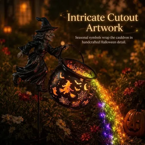Lampe sur Piquet Jardin Chaudron de Sorcière Halloween Silhouette Métallique avec Guirlande Lumineuse LED Colorée