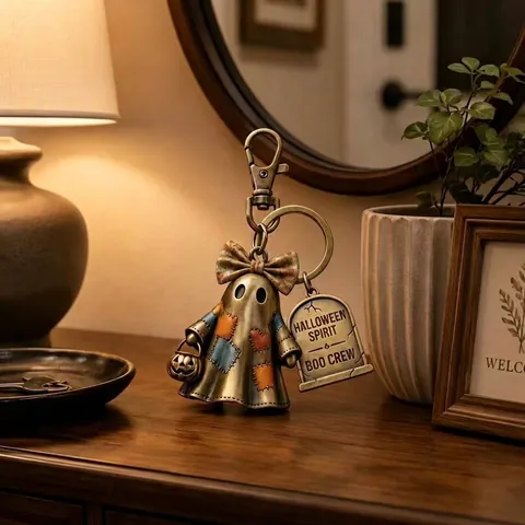 Vintage Bronze Halloween Ghost Keychain Boo Crew Spirit Metal Key Ring with Pumpkin Tag for Backpack Purse Charms Gift