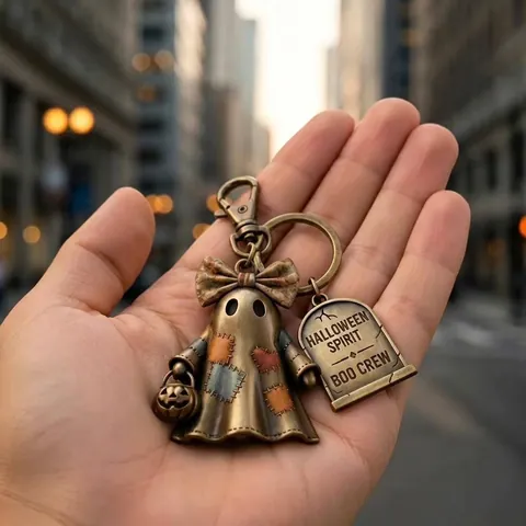 Vintage Bronze Halloween Ghost Keychain Boo Crew Spirit Metal Key Ring with Pumpkin Tag for Backpack Purse Charms Gift