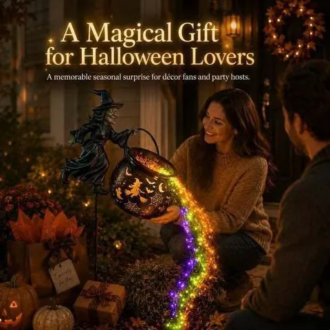 Lampe sur Piquet Jardin Chaudron de Sorcière Halloween Silhouette Métallique avec Guirlande Lumineuse LED Colorée