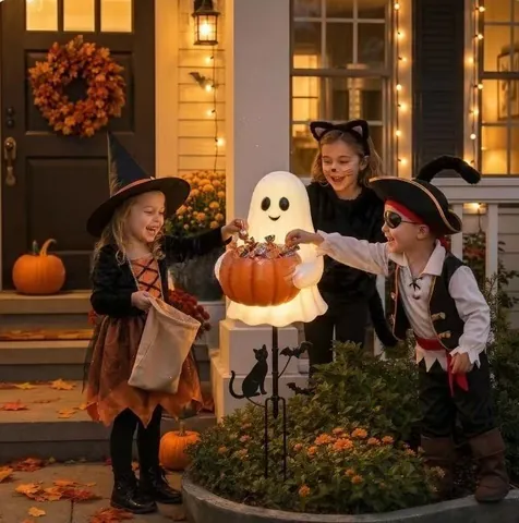 Solar Powered Ghost Garden Stake With Pumpkin Candy Bucket Lighted Halloween Outdoor Metal Courtyard Decorative Lawn Lamp