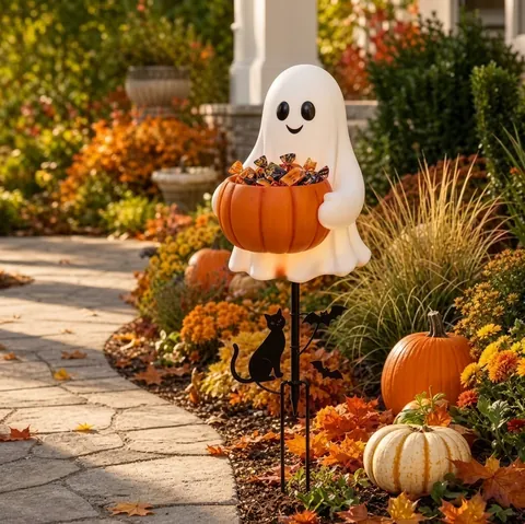 Solar Powered Ghost Garden Stake With Pumpkin Candy Bucket Lighted Halloween Outdoor Metal Courtyard Decorative Lawn Lamp