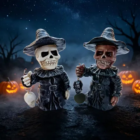 Halloween Wizard Skull Statue Resin Gothic Cloak Skeleton Figurine Spooky Tabletop Ornament Home Festival Party Decor Sculpture