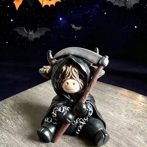 Statuetta di Mucca delle Highlands di Halloween Statua di Mummia Mietitore Fantasma in Resina Ornamento Decorativo Feste