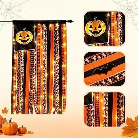 Halloween Cotton Tassel Ribbon Hanging Flag Pumpkin Bat Pattern LED Light Festive Party Door Porch Home Decor Banner