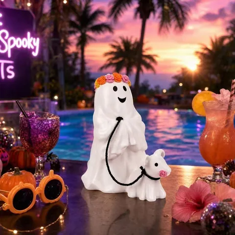 Figura de Fantasma Paseando al Perro de Halloween Estatua de Resina Escultura de Fantasma Blanco Adorno Decorativo para Hogar y Jardín