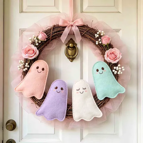 Halloween Geest Krans Hangen Decoratie Roze Macaron Leuke Vilt Geest Roos Bloem Rank Krans Voor Voordeur Feest Thuis Decor