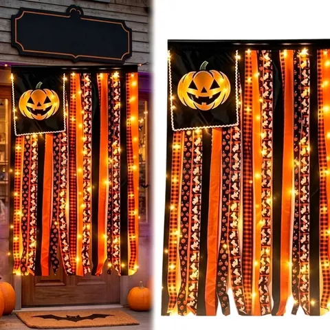 Halloween Cotton Tassel Ribbon Hanging Flag Pumpkin Bat Pattern LED Light Festive Party Door Porch Home Decor Banner