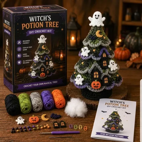 Halloween Tree DIY Crochet Kit Beginner Friendly Handwoven Witch Potion Pumpkin Tree Yarn Craft Set Home Holiday Decor