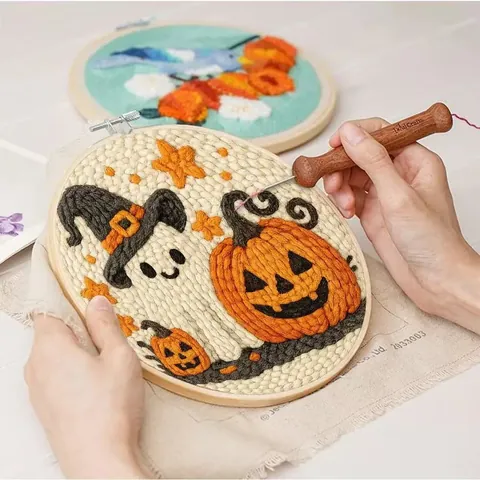 Halloween Ghost Embroidery Kit Punch Needle DIY Craft Embroidery Project With Wooden Hoop Pumpkin Bat Cat Cartoon Pattern For Home Decor