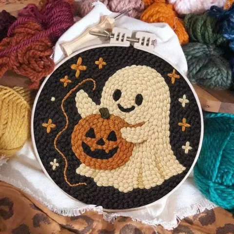 Halloween Ghost Embroidery Kit Punch Needle DIY Craft Embroidery Project With Wooden Hoop Pumpkin Bat Cat Cartoon Pattern For Home Decor