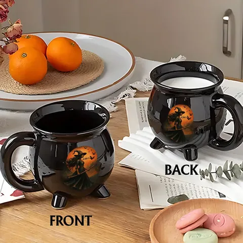 Halloween Hexenkessel Keramiktasse Gothik Schwarz Glänzend Porzellan Kaffeetasse Mit Dreibeinigem Griff Für Home Party Deko