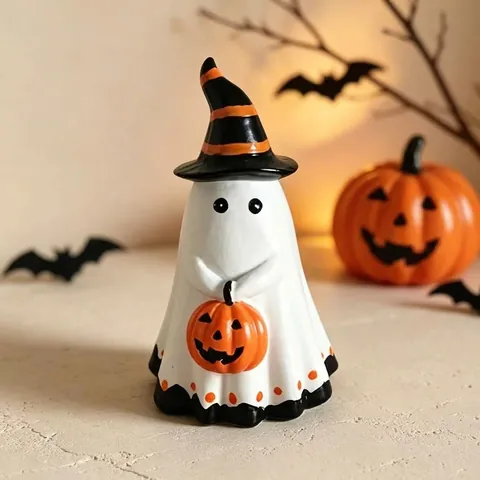 Figurine de Fantôme d'Halloween Avec Chapeau de Sorcier et Citrouille Statue de Table en Résine pour Décoration de Fête Maison Cadeau