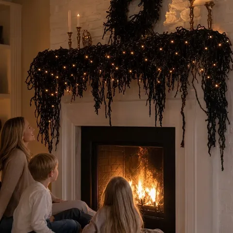 Halloween Fireplace Decoration Garland Black Plastic Tinsel With Warm Orange LED Lights For Indoor Home Party Spooky Decor