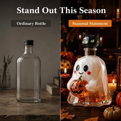 Ghost Pumpkin Halloween Decanter Faceted Glass Wine Bottle With Black Cat Stopper Party Decor Glass Craft Whiskey Decanter