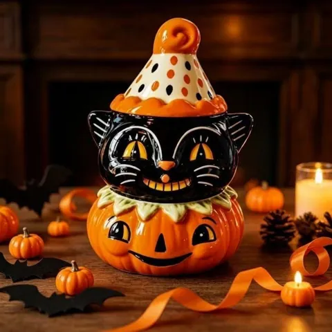 Halloween Black Cat Pumpkin Ceramic Ornament Hand-Painted Vintage Birthday Desktop Tabletop Decoration For Home Party Gift