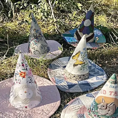 Vintage Gesteppt Patchwork女巫帽 Ornament Papier Kreativ Halloween Weihnachten Tischdekoration Spitze Floral Sterne Hut