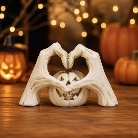 Halloween Skeleton Hands Heart Pumpkin Statue Resin Vintage White Jack-O-Lantern Figurine Desktop Ornament Holiday Party Decor
