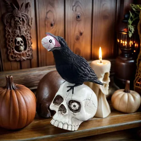 Halloween Totenkopf Statue Krähe Auf Menschlichem Totenkopf Harz Ornament Gotische Desktop Heimdekoration Party Horror Tischdeko