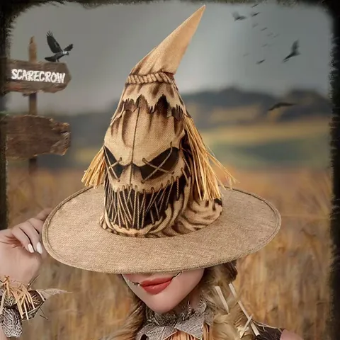 Realistic Scarecrow Witch Hat For Halloween Party Cosplay Costume Burlap Texture Pointed Hat With Straw Detail Brown