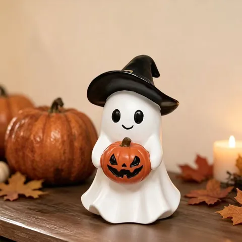 Halloween Ghost Pumpkin Resin Ornament Witch Hat Led Night Light Candlestick Desktop Decoration Spooky Festive Decor