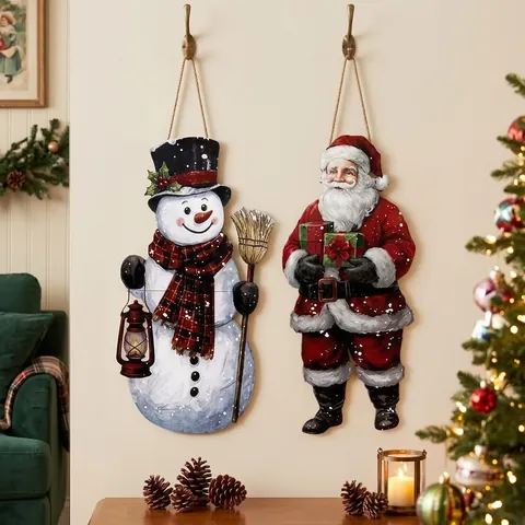 Plaque Suspendue de Noël en Bois Pliable Père Noël Bonhomme de Neige Accroche-porte Rétro Décoration Murale en Bois Pour Maison