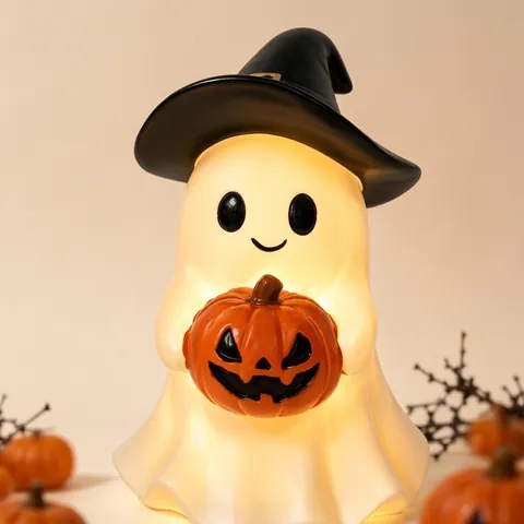 Halloween Ghost Pumpkin Resin Ornament Witch Hat Led Night Light Candlestick Desktop Decoration Spooky Festive Decor