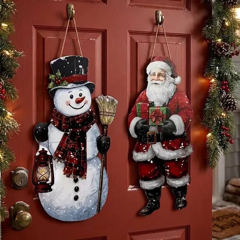 Plaque Suspendue de Noël en Bois Pliable Père Noël Bonhomme de Neige Accroche-porte Rétro Décoration Murale en Bois Pour Maison