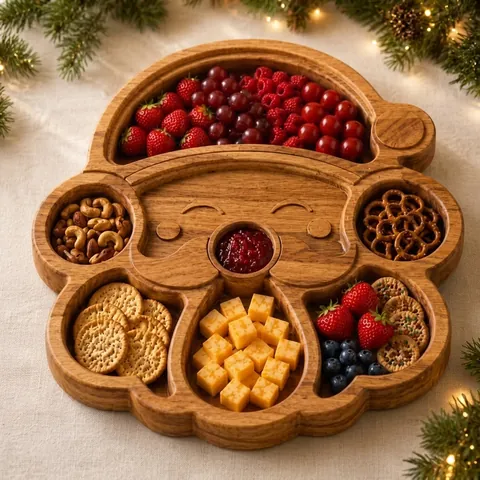 Christmas Wooden Divided Tray Santa Gingerbread Man Tree Shape Serving Platter Holiday Party Snack Appetizer Wood Board