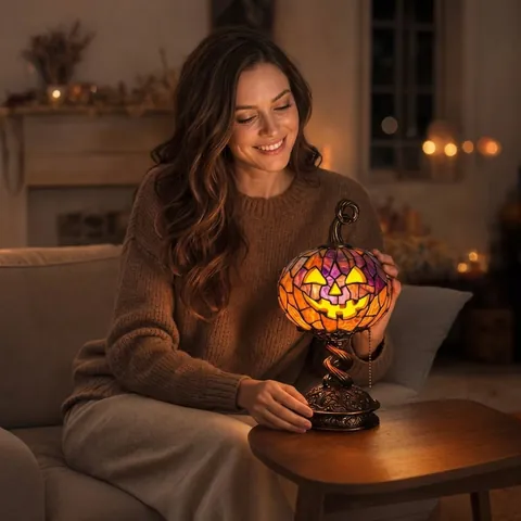 Retro Colorful Resin Pumpkin Table Lamp With Pull Chain Switch Halloween Jack-O-Lantern Desk Light For Holiday Decor Warm Light