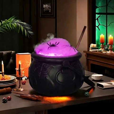 Halloween Witch Cauldron Desktop Decoration LED Glowing Purple Bubble Pot Ornament With Spiders Wand Cotton For Party Home Decor