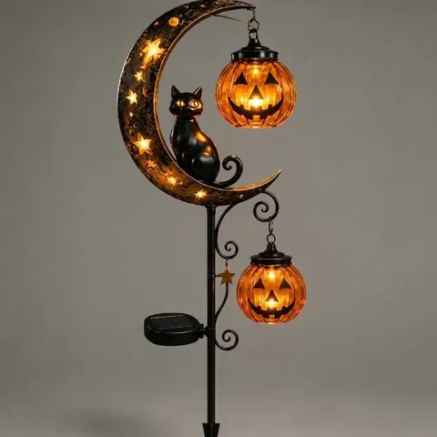 Solar Powered Halloween Garden Stake Light Black Metal Moon With Cat Silhouette And Hanging Pumpkin Lantern For Outdoor Yard Decor