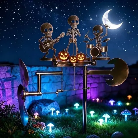 Halloween Skeleton Metal Band Kinetic Wind Spinner Outdoor Garden Yard Decor Pumpkin Musical Skeleton Windmill Ornament