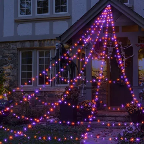 Halloween Glowing Spider Web Decoration Large LED Triangle Net with Remote Control for Outdoor Yard Haunted House Party