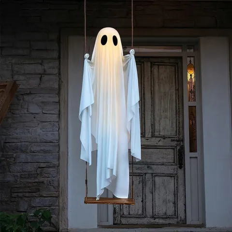 Large Halloween Hanging Swing Ghost Decoration Luminous LED Remote Control White Fabric Ghost For Porch Yard Outdoor Decor